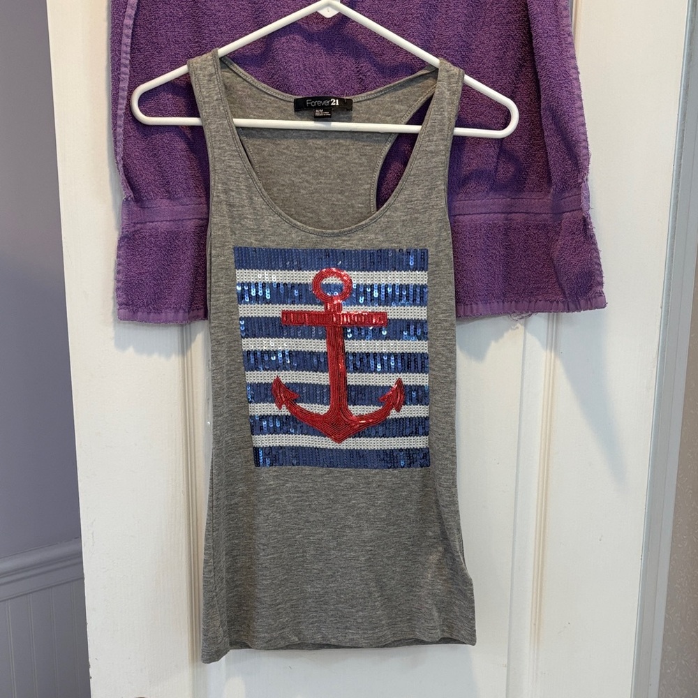 NWT Forever 21 Gray Tank Top with Red and Blue Anchor Sequins